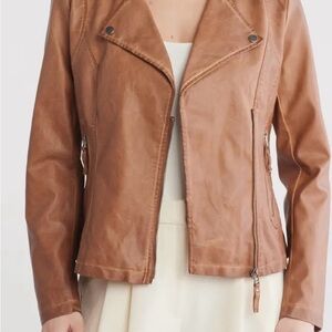 Max Studio Washed Faux Leather Moto Light Brown Leather Jacket, Large